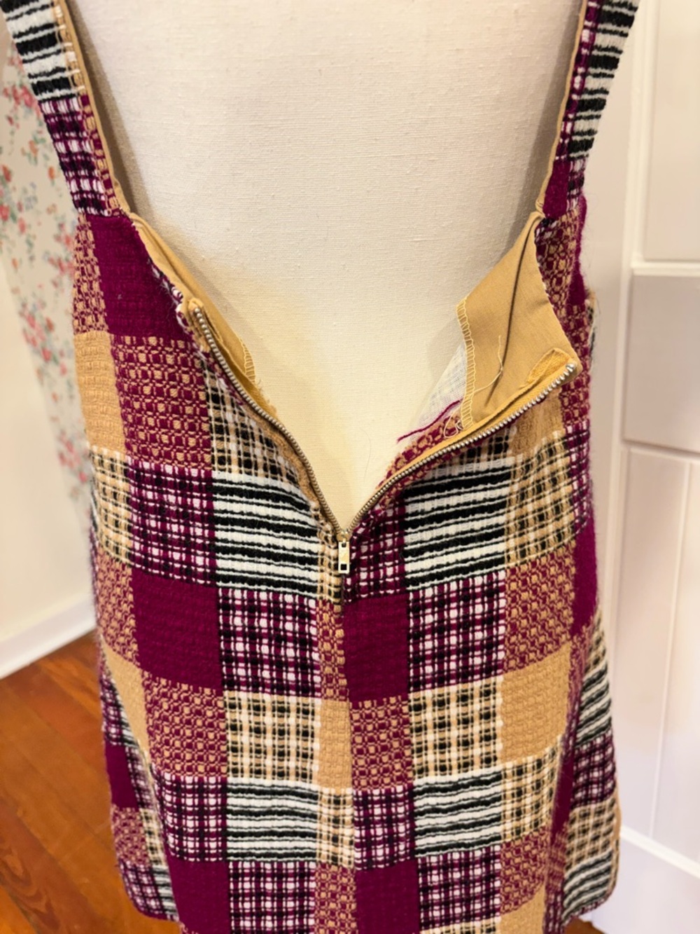 Vintage Plaid Pinafore Dress in Burgundy and Mustard Mini Size M - Picture 5 of 8